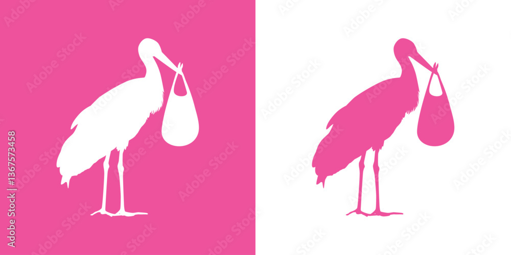 Día de la madre. Concepto de recién nacido. Silueta de cigüeña sosteniendo a un bebé recién nacido en una manta 