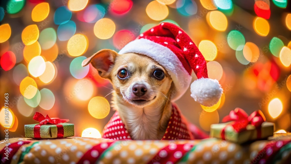 Festive Frenzy: Close-up of a Dog in a Santa Hat on Christmas Wrapping Paper Festive Frenzy: Close-up of a Dog in a Santa Hat on Christmas Wrapping Paper