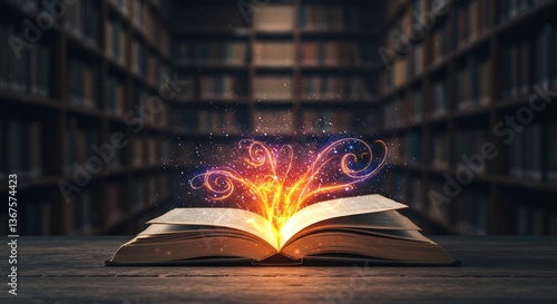 図書館 静寂 輝く古書 魔法の光