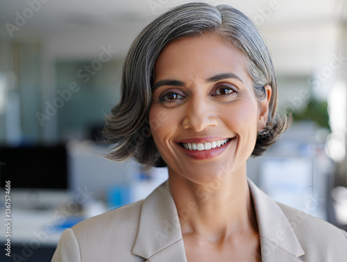 Happy elegant older mature lady posing for portrait standing in office. Beautiful middle aged business woman looking at camera, smiling 45 years old businesswoman leader executive at work closeup