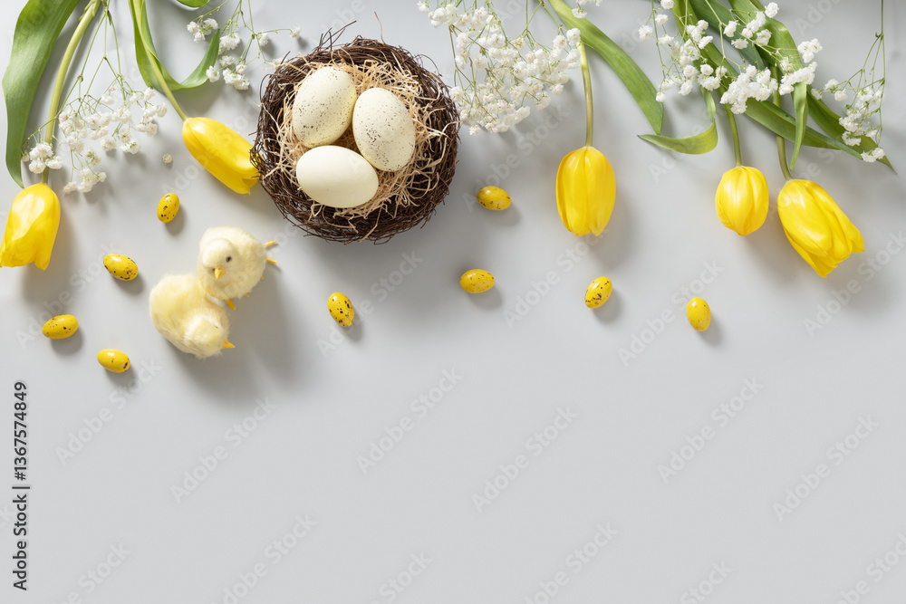 Easter frame with pastel chocolate eggs, tulip flowers, gypsophila and chick on light gray background. View from above. Flat lay. Happy Easter greeting card. Copy space.