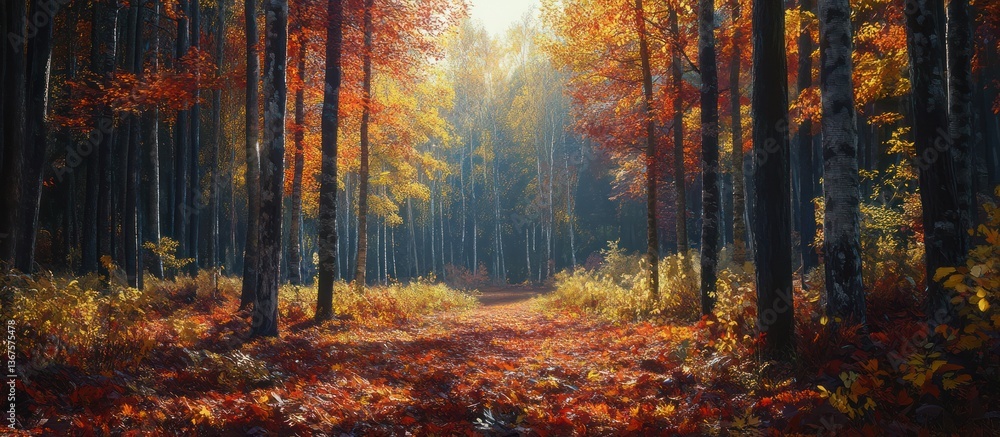 Fototapeta premium Autumn forest path, sunlight, leaves. Peaceful nature scene, ideal for calendar