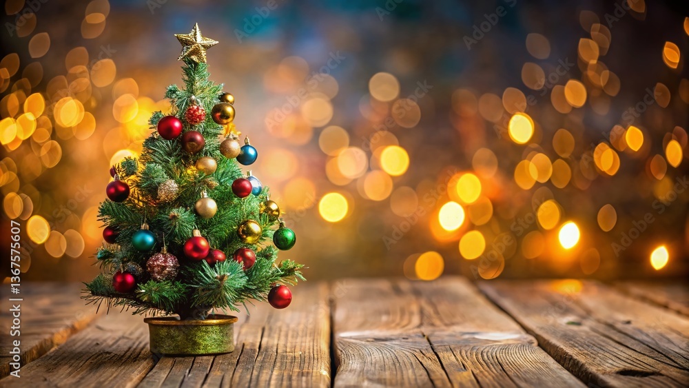 Festive Miniature Christmas Tree on Wooden Table with Copy Space - Holiday Decoration Festive Miniature Christmas Tree on Wooden Table with Copy Space - Holiday Decoration