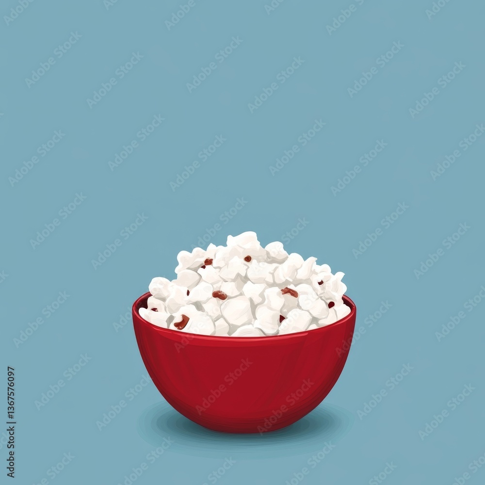 Illustration of a bright red bowl overflowing with fluffy white popcorn kernels Illustration of a bright red bowl overflowing with fluffy white popcorn kernels