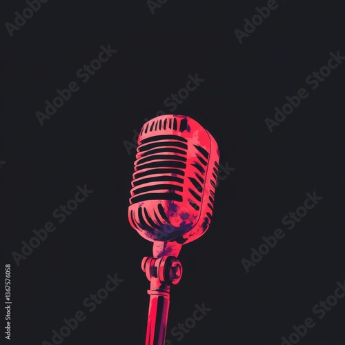 Close up illustration of a vintage microphone highlighted with vibrant red tones