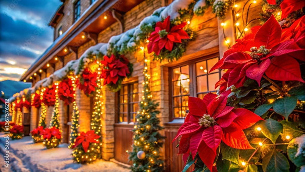 Obraz premium Festive Poinsettia Blooms & Twinkling Holiday Lights: Winter Celebration