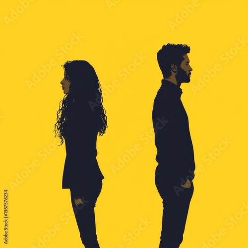 Silhouettes of a man and woman standing back to back on yellow