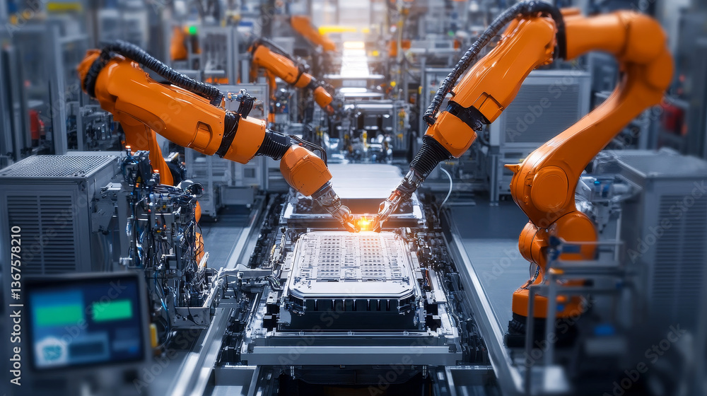 Row of White Robotic Arms at Automated Production Line at Factory. Electric Car Manufacturing Line Inside Automotive Smart Factory. Industrial Robot Arms Assemble Lithium-Ion EV Battery Pack. Row of White Robotic Arms at Automated Production Line at Factory. Electric Car Manufacturing Line Inside Automotive Smart Factory. Industrial Robot Arms Assemble Lithium-Ion EV Battery Pack.