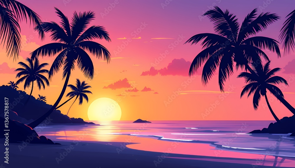 Sunset over a serene beach with silhouetted palm trees and vibrant colors. Sunset over a serene beach with silhouetted palm trees and vibrant colors.
