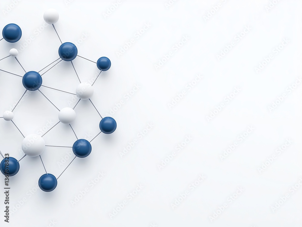 Abstract molecular structure with blue and white connected spheres on a light background, representing science, chemistry, and innovation.

