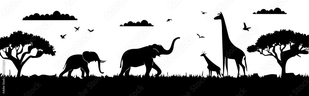 panorama set silhouette of animals in the savannah. African landscape scene vector design
