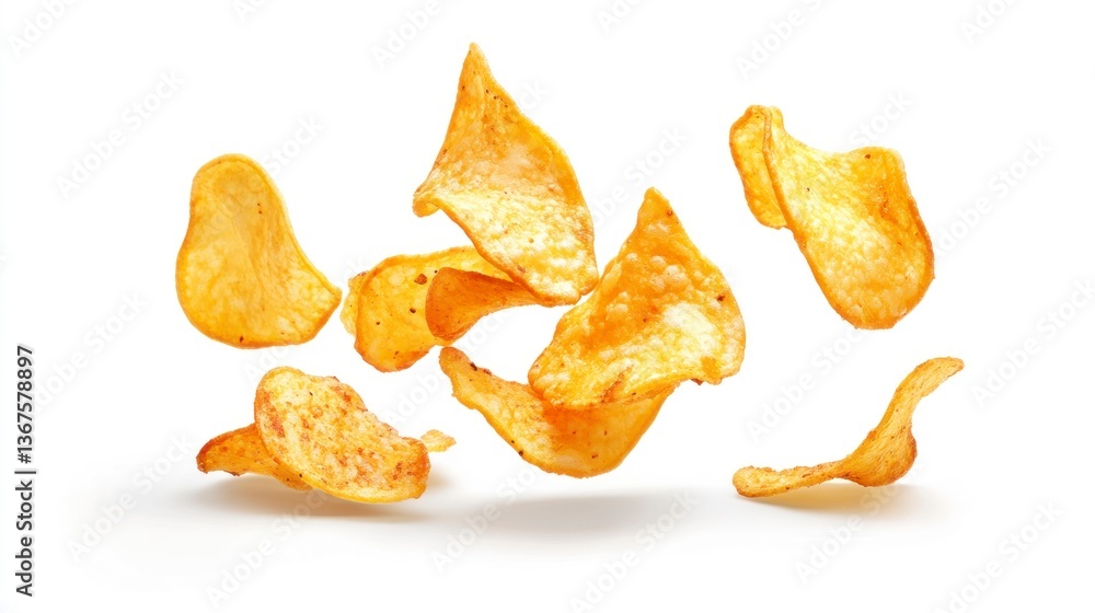 Potato Chips Floating Isolated on White Background Snack Food Photography Potato Chips Floating Isolated on White Background Snack Food Photography