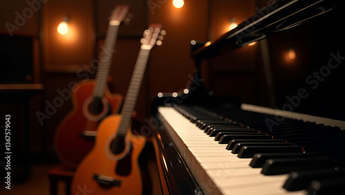  image of a grand piano with a polished black surface, reflecting the warm ambient lighting of a cozy music room. Beside the piano, an acoustic guitar with a rich mahogany finish leans against chair