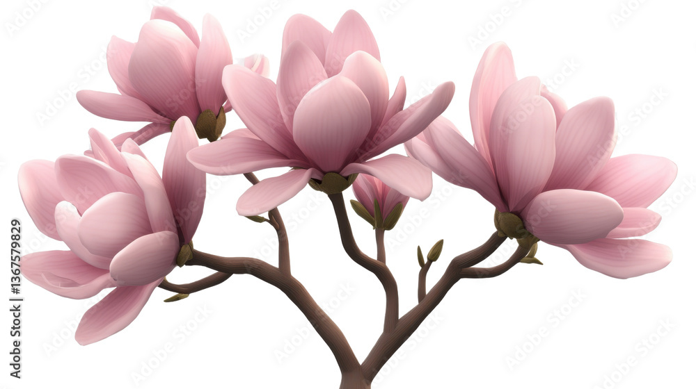Fototapeta premium Magnolia Bloom: An exquisite macro shot of a cluster of blooming pink magnolia flowers, displaying intricate details and delicate petals against a soft backdrop.