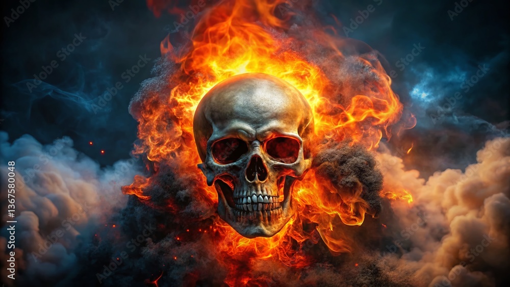 Fiery Skull in Smoke: Danger and Mystery Night Photography Stock Photo Fiery Skull in Smoke: Danger and Mystery Night Photography Stock Photo