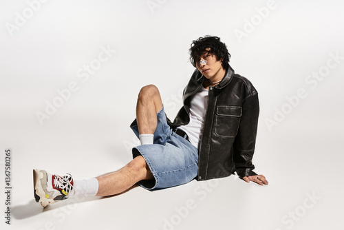 Obraz na płótnie Nonchalant vibe asian model poses elegantly in studio wearing trendy outfit