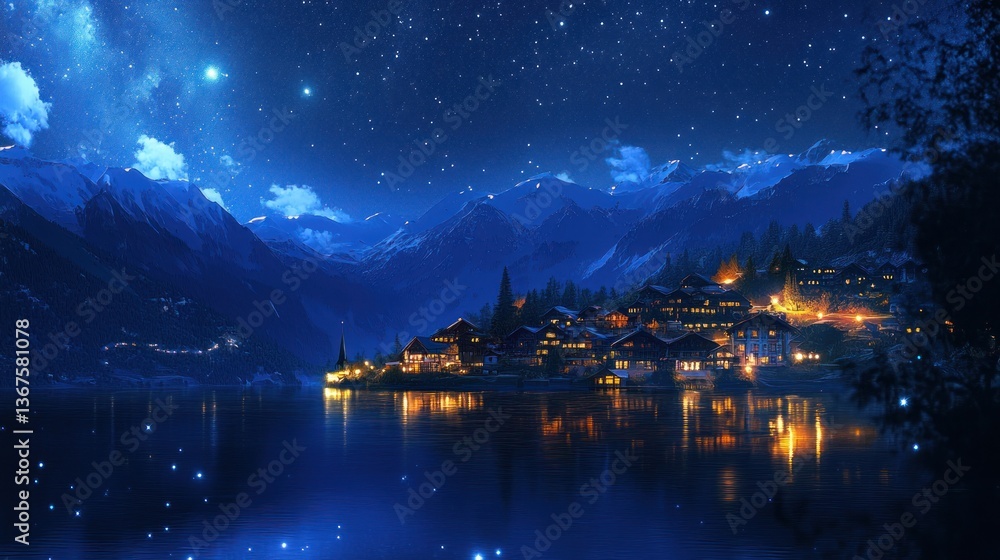Fototapeta premium Night scene of a village nestled beside a lake, surrounded by majestic snow-capped mountains under a vibrant starry sky.