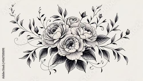 Elegant floral tattoo illustration featuring stylish black and white flowers and leaves