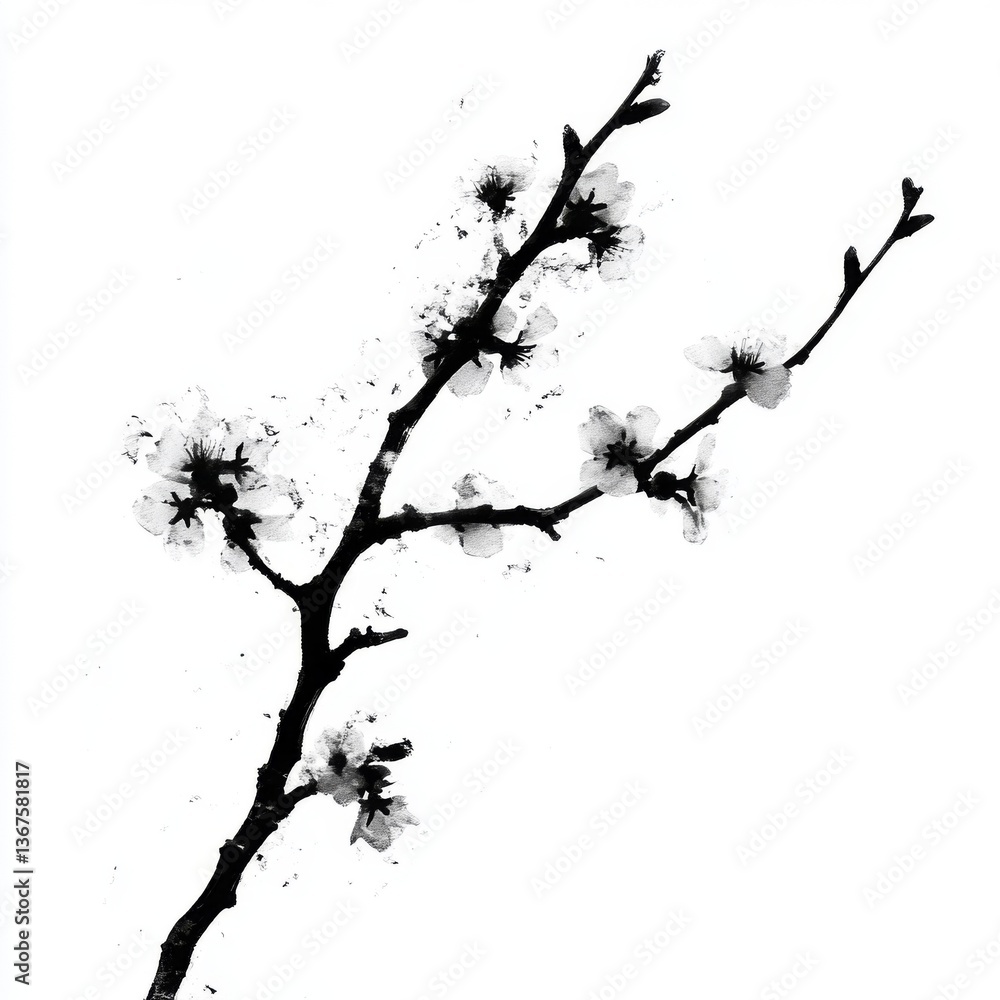 Fototapeta premium Monochromatic Rendering of a Delicate Blooming Branch on White