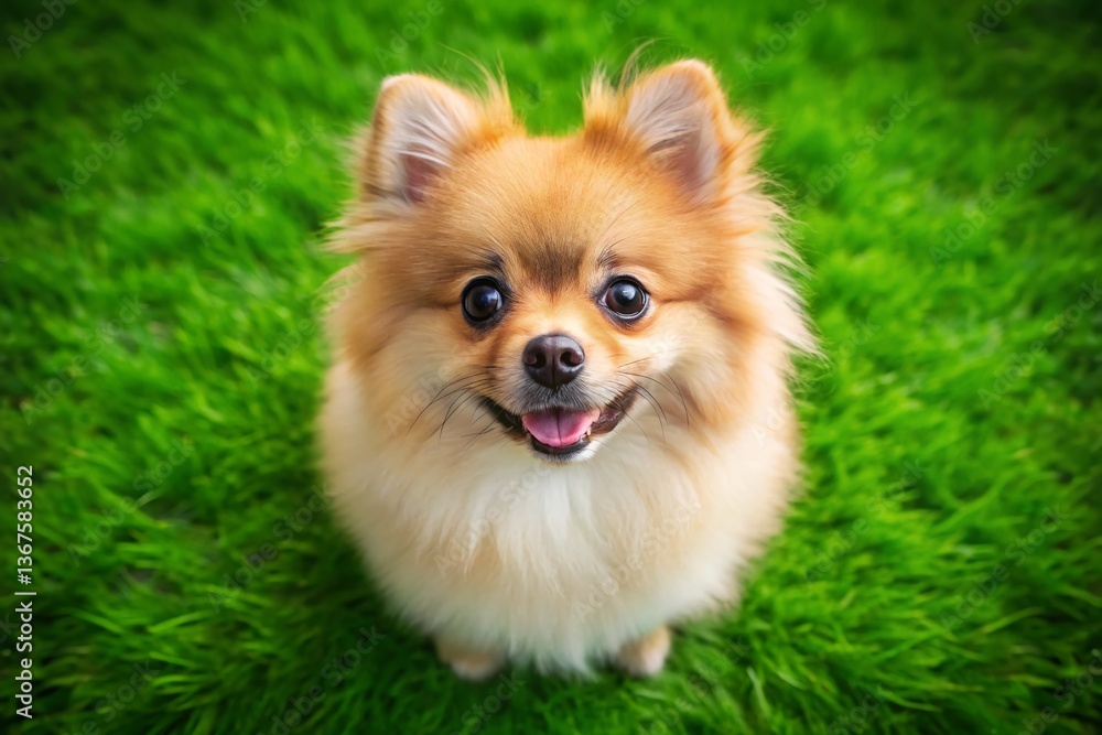 Fluffy Pomeranian Spitz Puppy Grass Macro Top View - Adorable Dog Photo Fluffy Pomeranian Spitz Puppy Grass Macro Top View - Adorable Dog Photo