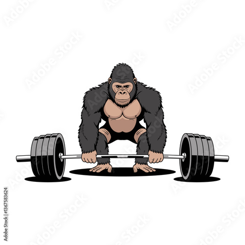 Illustration of a muscular gorilla performing a deadlift with a heavy barbell