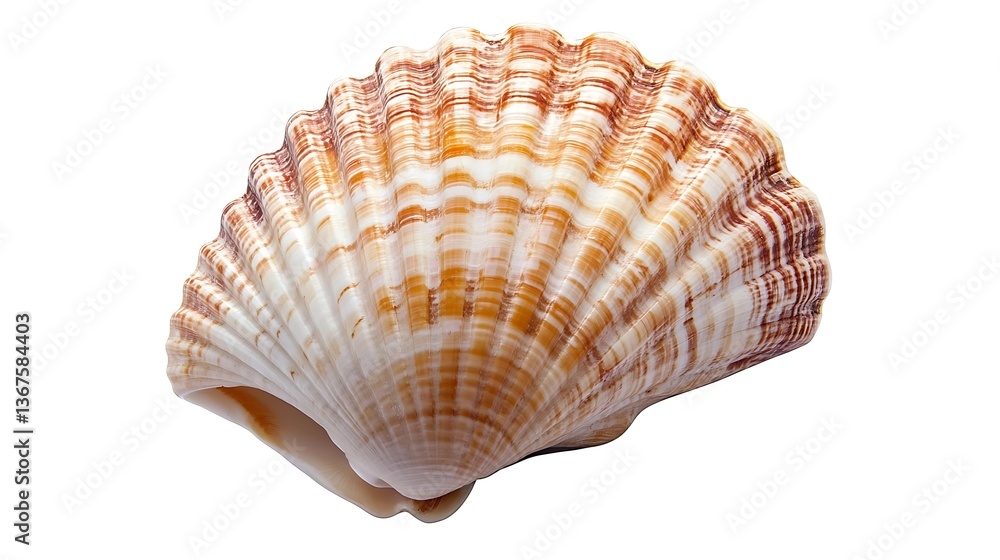Single, striped cockle shell with delicate ridges, displaying natural beauty and elegance on white background. Single, striped cockle shell with delicate ridges, displaying natural beauty and elegance on white background.