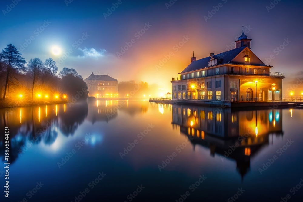 Fototapeta premium Foggy Lake Night Scene: Mysterious Building Architectural Photography