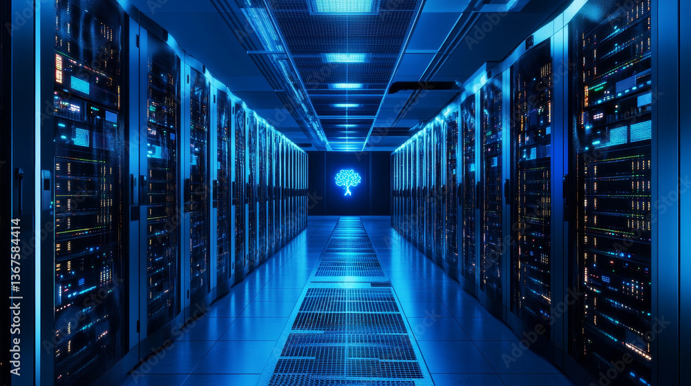 Supercomputer and Advanced Cloud Computing Concept. White Server Cabinets inside Bright and Clean Large Data Center. Artificial Intelligence Training Cluster. Supercomputer and Advanced Cloud Computing Concept. White Server Cabinets inside Bright and Clean Large Data Center. Artificial Intelligence Training Cluster.