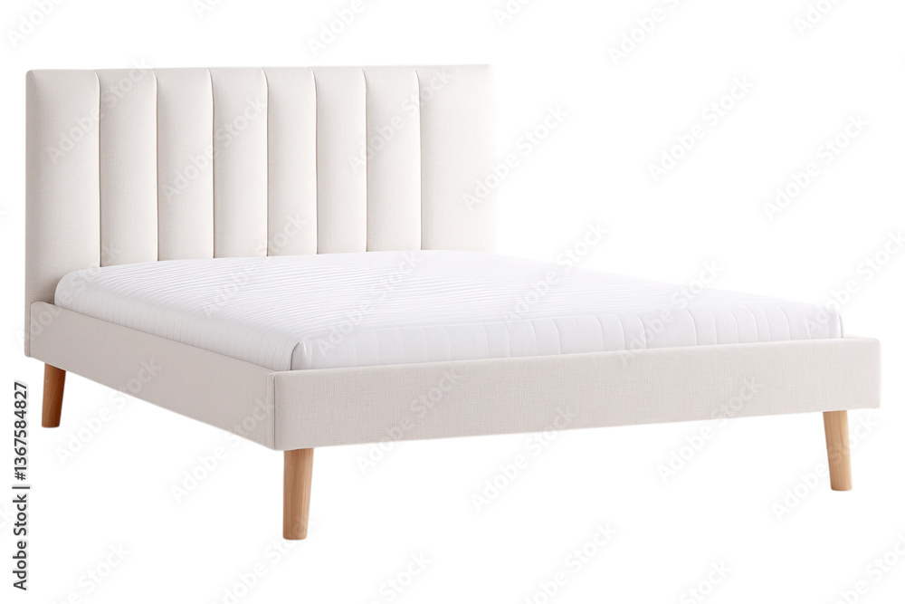 Contemporary upholstered bed frame with tall channel-tufted headboard on transparent background Contemporary upholstered bed frame with tall channel-tufted headboard on transparent background