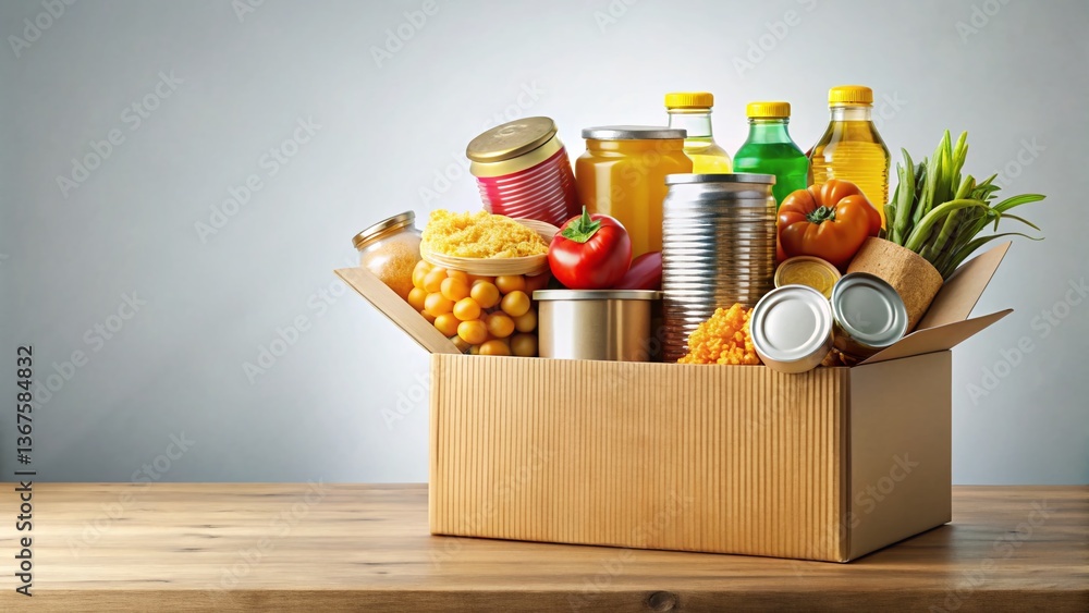 Food Drive Donation Box Overflowing with Canned Goods and Non-Perishable Items