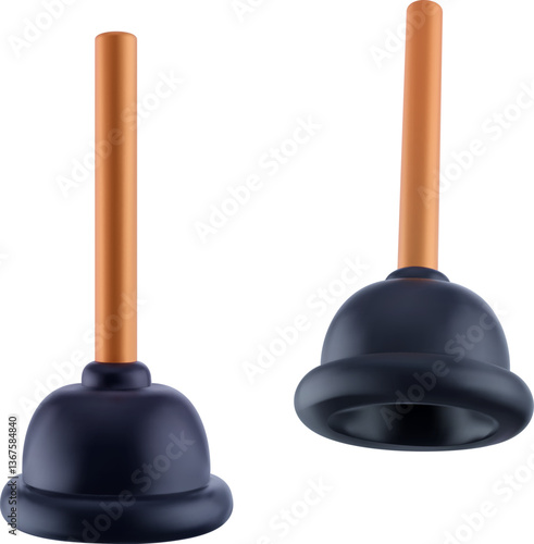 Cartoon 3d plunger different view in realistic style. Element design for kitchen or bathroom. Vector modern illustration.