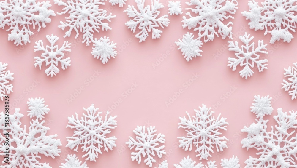 Festive white snowflakes arranged on a pastel pink background Festive white snowflakes arranged on a pastel pink background