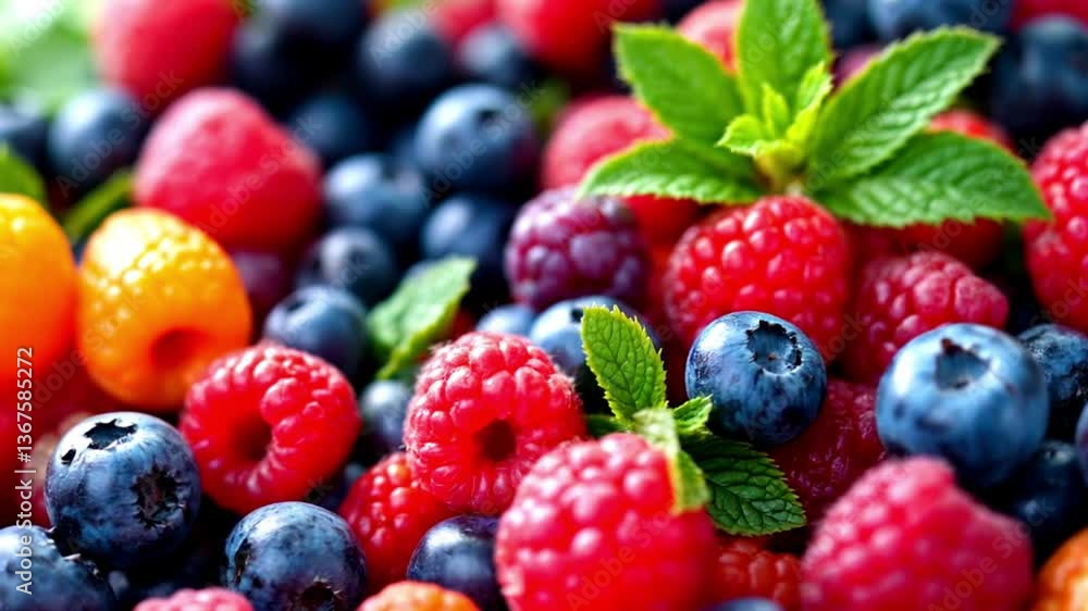 Berries, Various colorful background, Juicy Ripe Summer berries. Mint leaves, Raspberry, Blueberry close-up shot Berries, Various colorful background, Juicy Ripe Summer berries. Mint leaves, Raspberry, Blueberry close-up shot