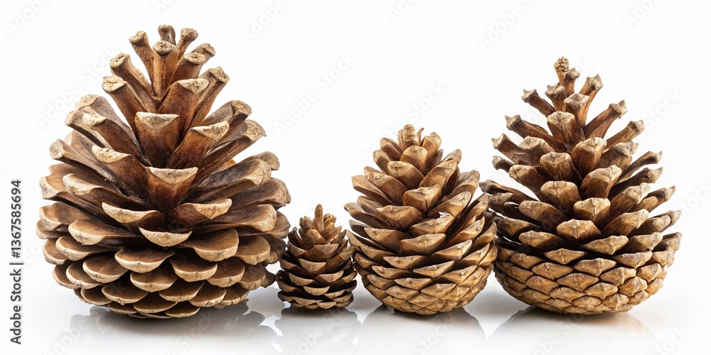 Four Pine Cones, Varying Sizes, Isolated on White Background - Nature Stock Photo Four Pine Cones, Varying Sizes, Isolated on White Background - Nature Stock Photo