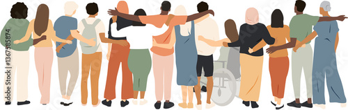 Different people stand side by side together and hug each other.