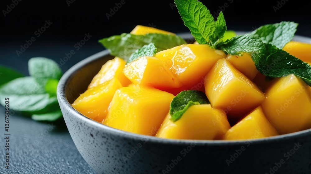 Fresh mango cubes with mint garnish Fresh mango cubes with mint garnish