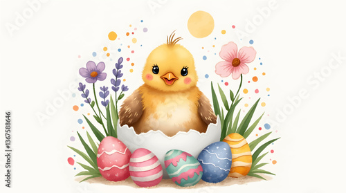 Cute chicken surrounded by spring flowers and Easter eggs