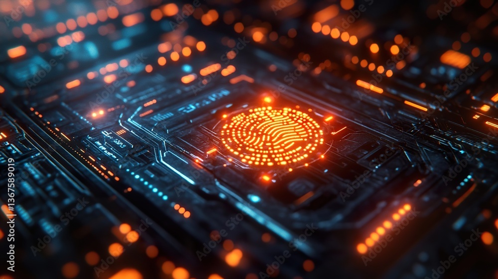 A dark-themed cybersecurity interface protecting EDI data transfers, with a glowing fingerprint authentication system.