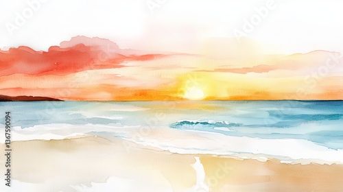 Simple watercolor portraying a tranquil beach sunset with vibrant hues over the calm sea and soft waves lapping at the shore