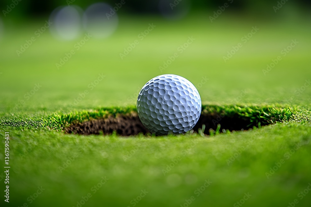 Obraz premium Golf ball on green grass ready to be shot into the hole