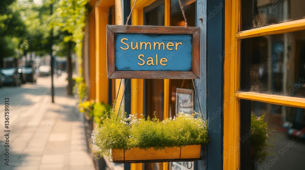 Summer sale sign hanging on a shop window displaying promotions