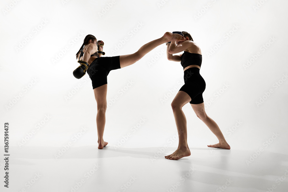 Obraz premium Powerful high kick. Two young women with athletic strong bodies in motion, training Thai boxing against white studio background. Concept of mixed martial arts, sport, combat sport, strength