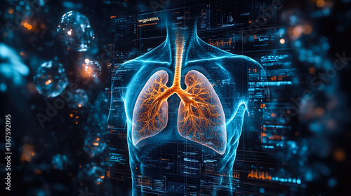 A doctor carefully examines a virtual lung x-ray projection with focused attention. The integration of advanced technology in medical diagnostics. Generative AI.