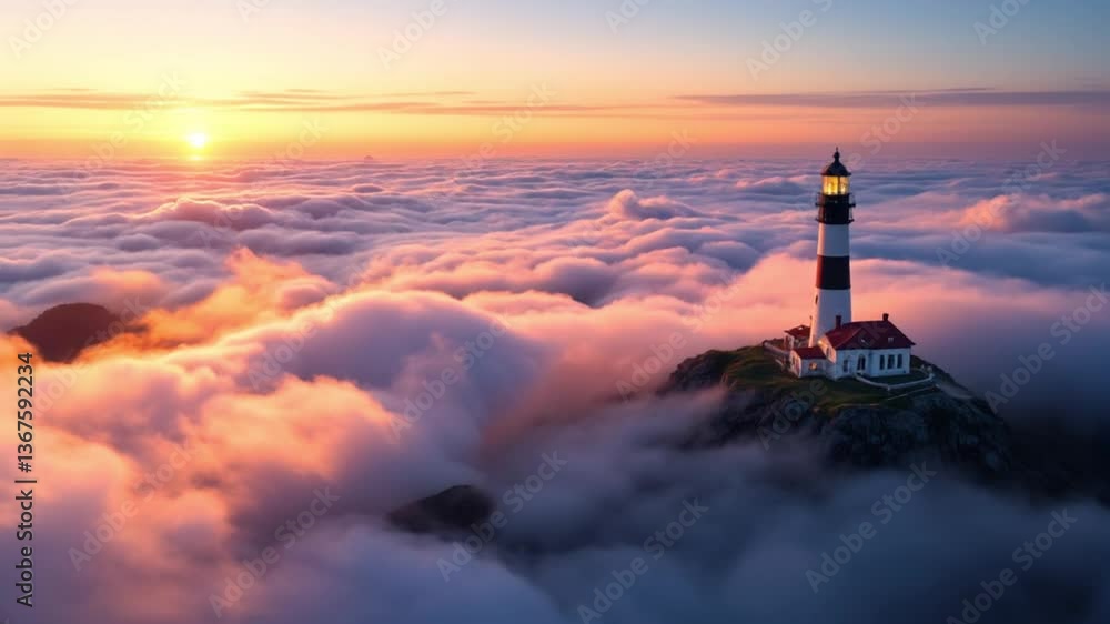 Illuminated lighthouse over fluffy clouds at beautiful sunset Illuminated lighthouse over fluffy clouds at beautiful sunset