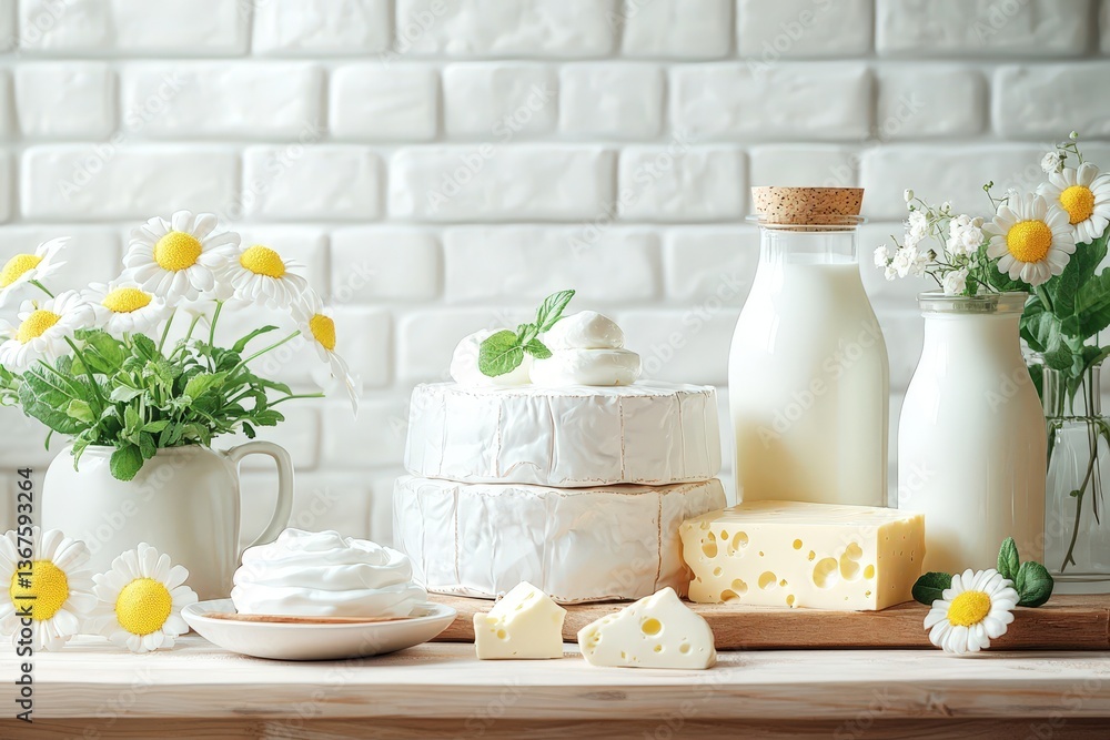 Fresh dairy delights showcase a colorful array of milk products, including soft cheese and aromatic flowers on a rustic table Fresh dairy delights showcase a colorful array of milk products, including soft cheese and aromatic flowers on a rustic table
