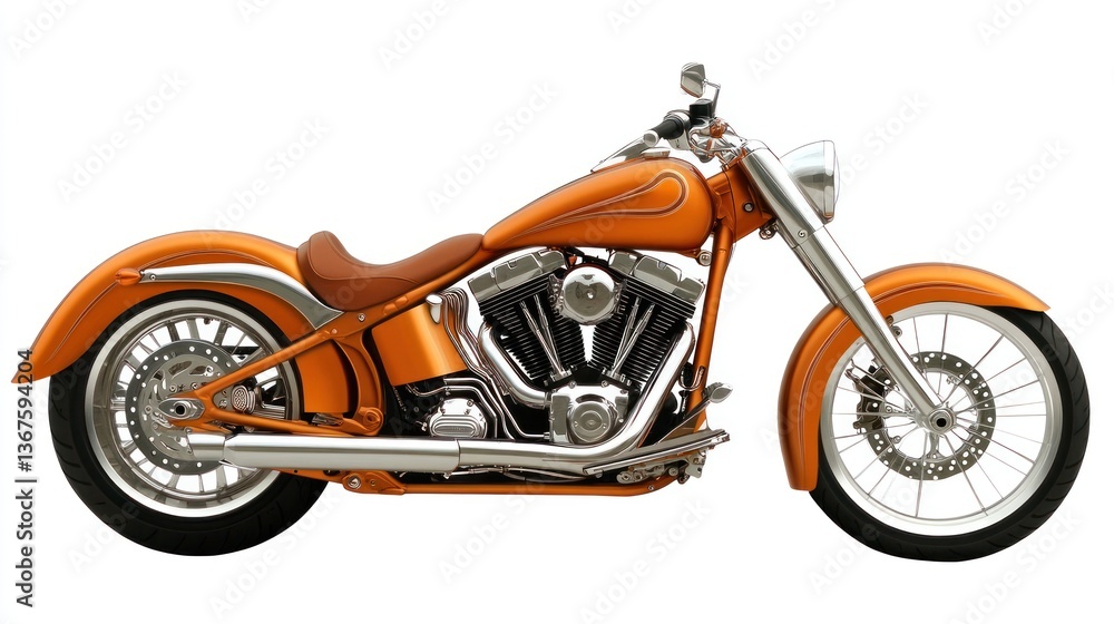Fototapeta premium Orange custom chopper motorcycle isolated on white background.