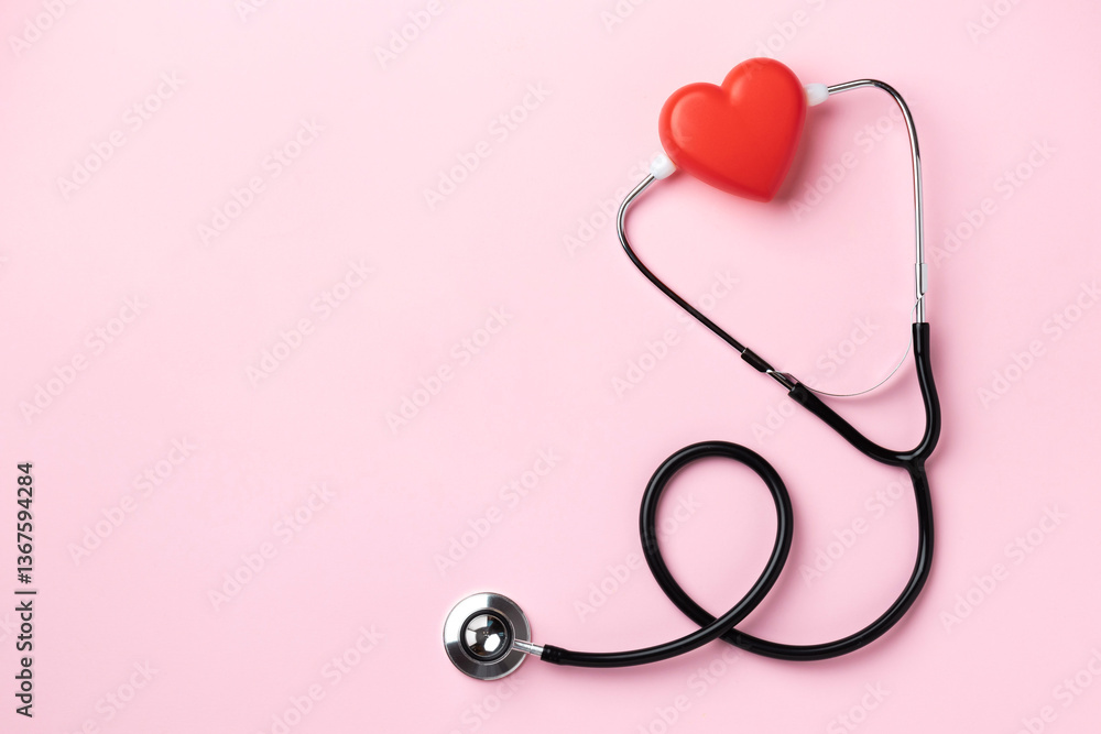 Fototapeta premium Red heart with stethoscope on pink background. Copy space. Medical and Health care. Heart day and Nurses.