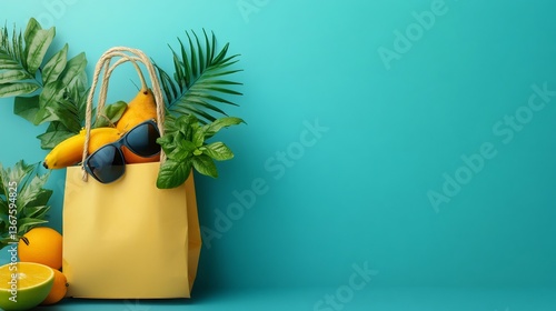 Fototapeta Naklejka Na Ścianę i Meble -  Yellow shopping bag with tropical fruits, sunglasses, and leaves on turquoise background