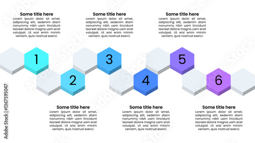 Infographic template. Horizontal line with 6 steps and hexagons