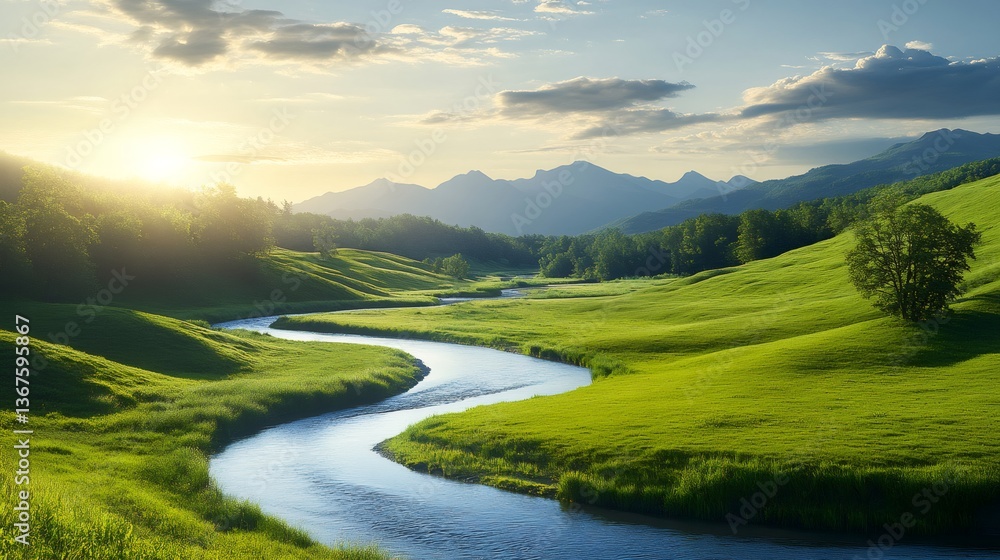 Fototapeta premium Winding river flowing through green meadow at sunset in mountain valley